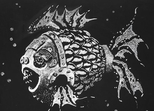 Steampunk style fish painting Image artwork in black