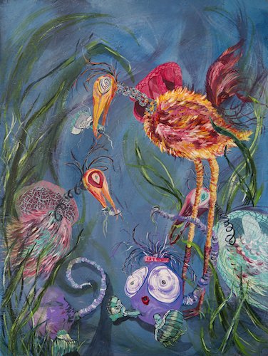 goofy birds fun garden scene bright art painting image