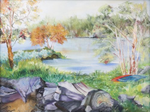 mountain pastel painting kayak water image art