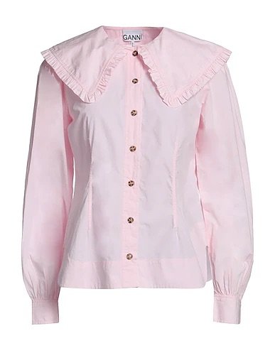 ganni pink poplin button down shirt with big lapels and peter pan collar