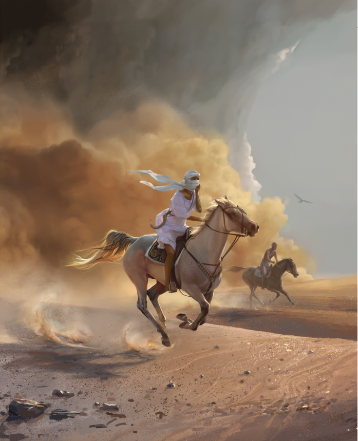 Roa and Dax in the sandstorm (from The Caged Queen). Cover image for the Dutch edition, illustrated by Elsa Kroese.