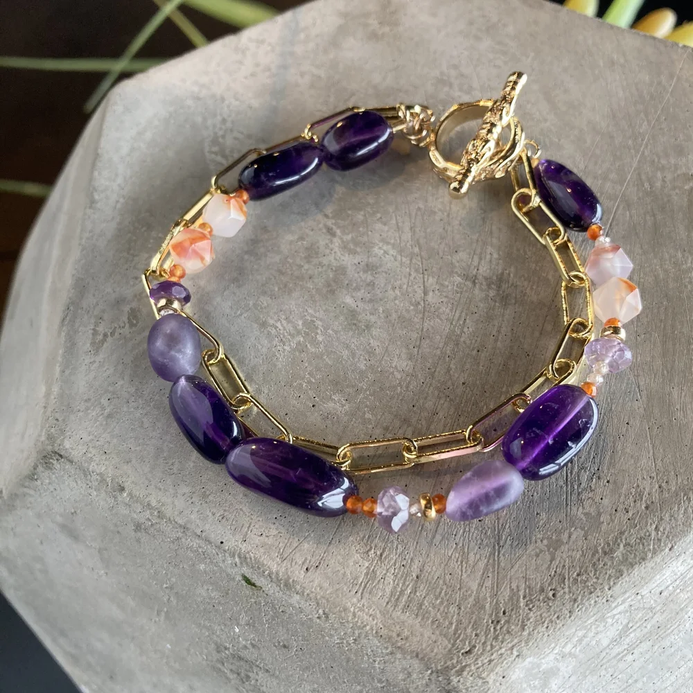 Multi Gemstone Bracelet with Gold Plate Chain with Carnelian Amethyst Amazonite Pearls