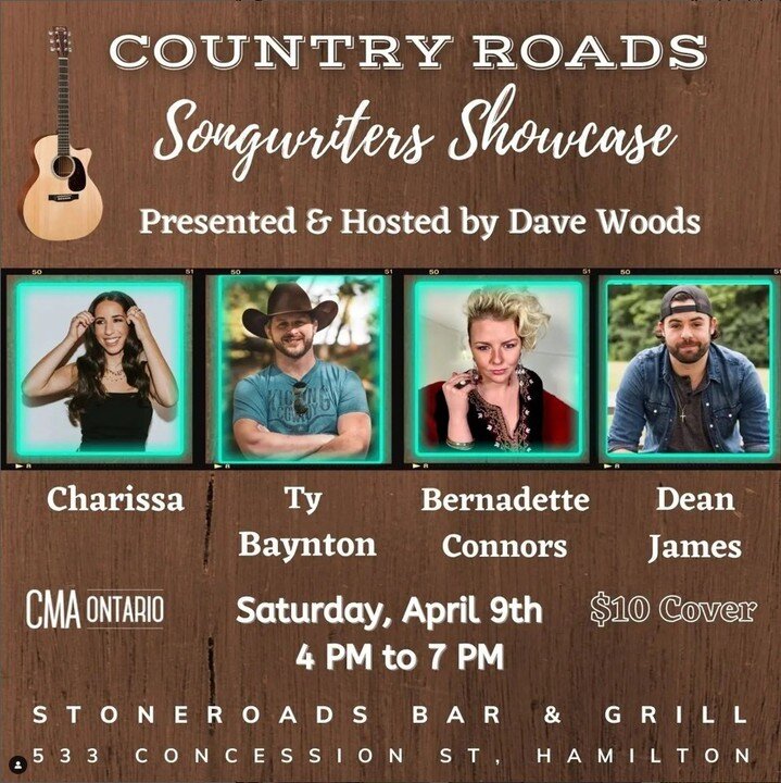 🔔SHOW ANNOUNCEMENT🔔⁠
⁠
I'm excited to announce that I'll be playing live in @inthecountry_with_davewoods &quot;Country Roads&quot; songwriter showcase alongside these great artists tomorrow @stoneroadsonconcession!⁠
⁠
Tickets are 10$!⁠
⁠
Who's comi