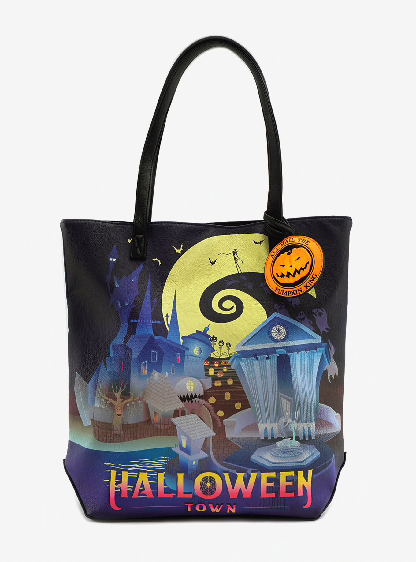 LOUNGEFLY THE NIGHTMARE BEFORE CHRISTMAS HALLOWEEN TOWN &amp; CHRISTMAS TOWN DOUBLE-SIDED TOTE BAG