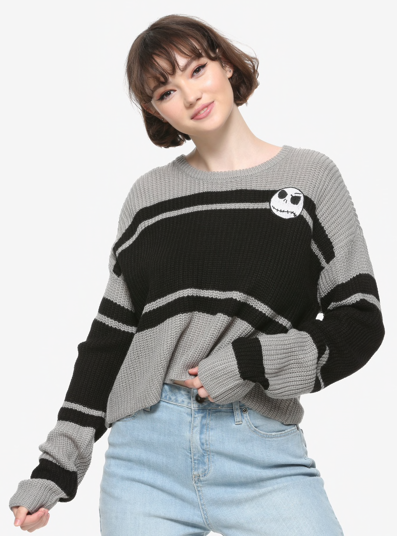 THE NIGHTMARE BEFORE CHRISTMAS JACK STRIPED GIRLS CROP SWEATER