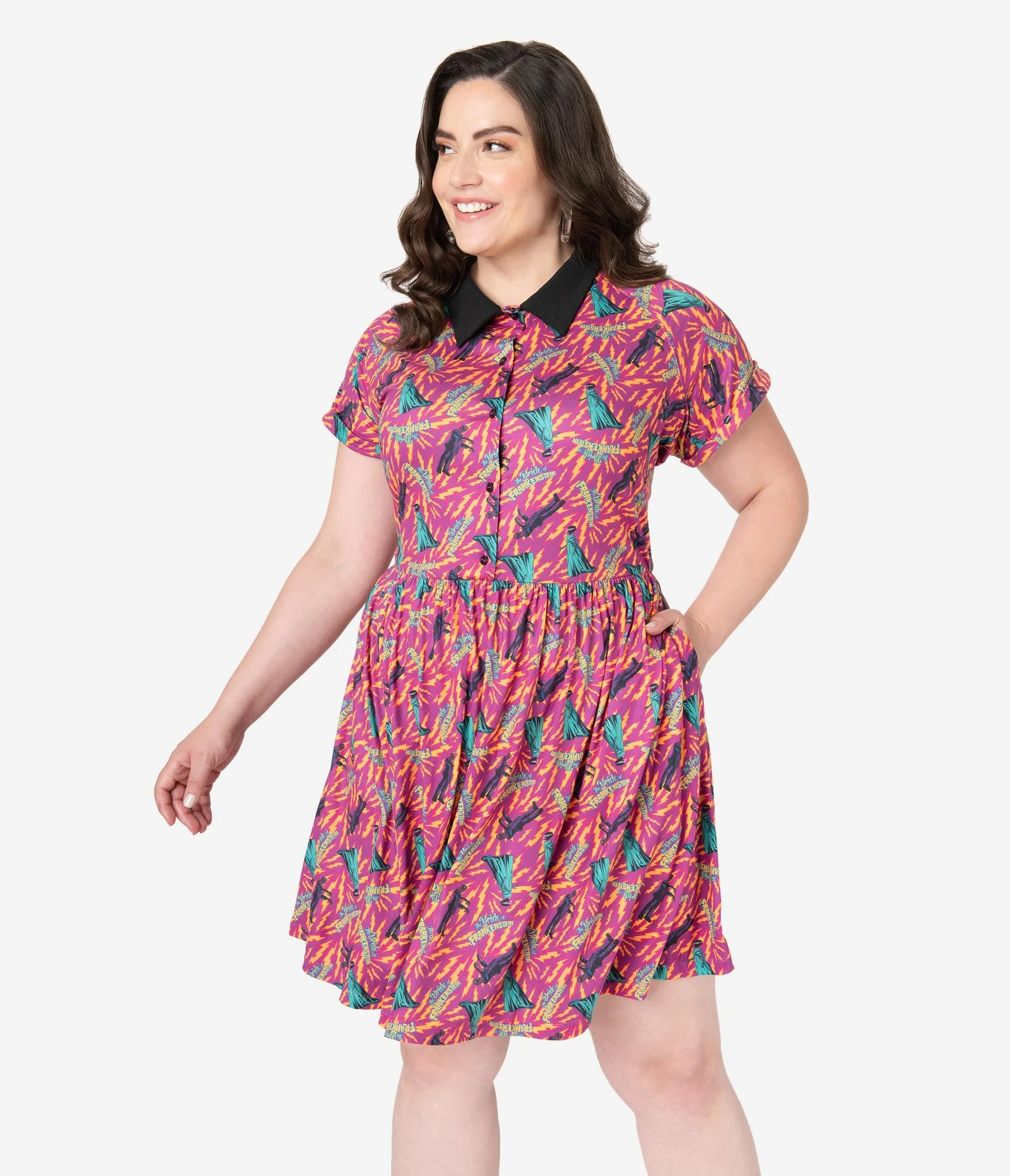 Universal Monsters x Unique Vintage Plus Size The Bride Of Frankenstein Print Fit & Flare Dress
