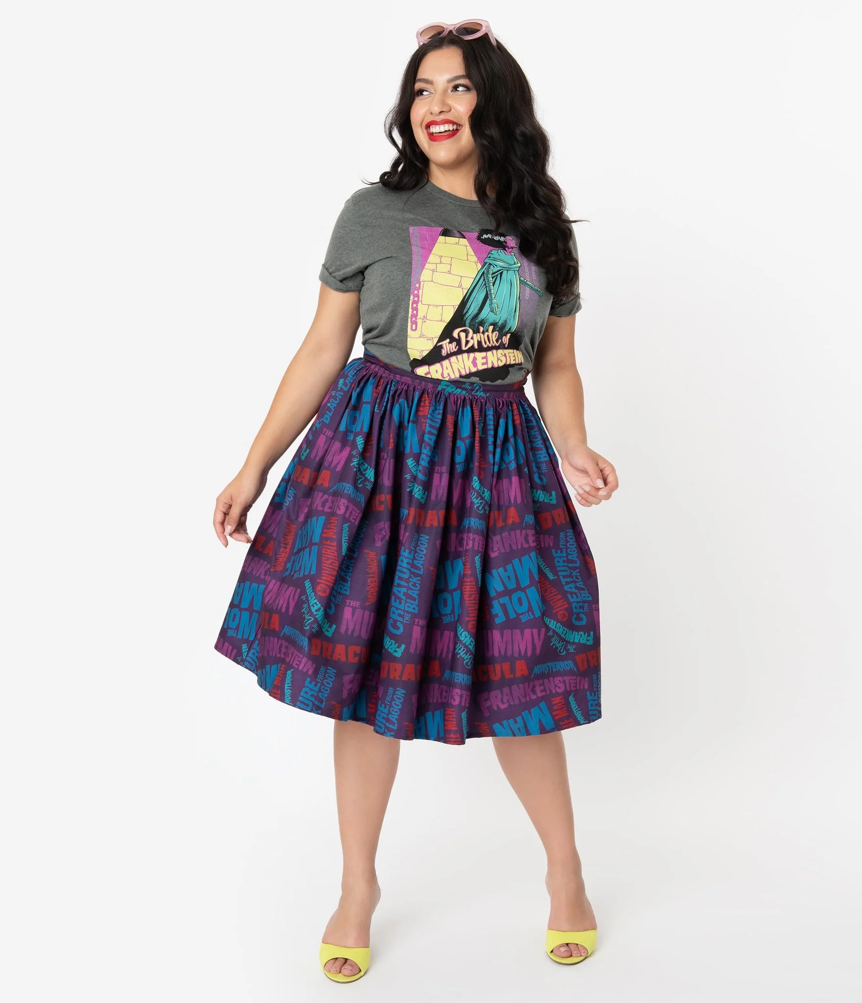 Universal Monsters x Unique Vintage Plus Size Monster Movie Title Print Swing Skirt
