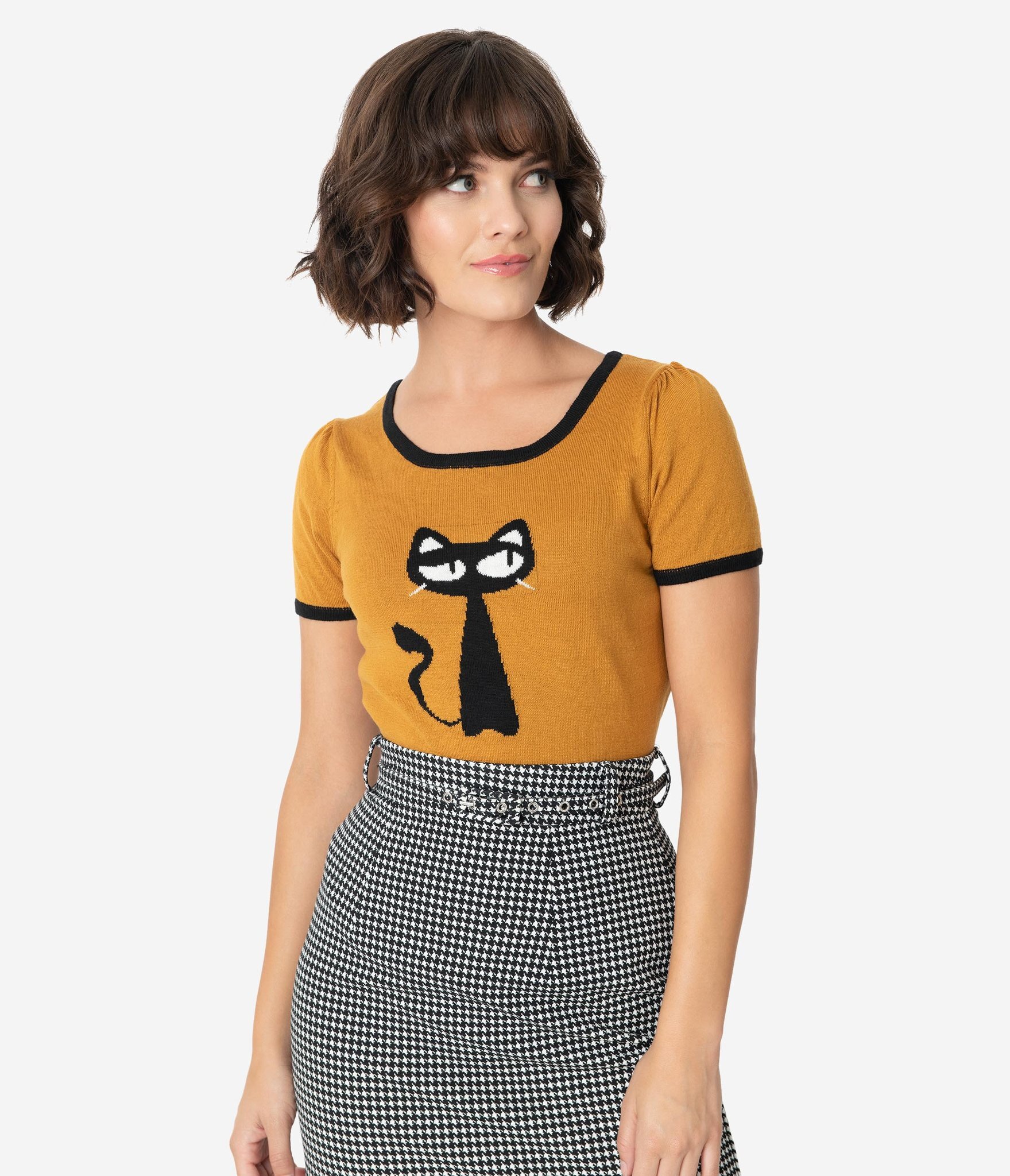 Mustard Brown &amp; Black Cat Short Sleeve Jacquard Knit Sweater Top