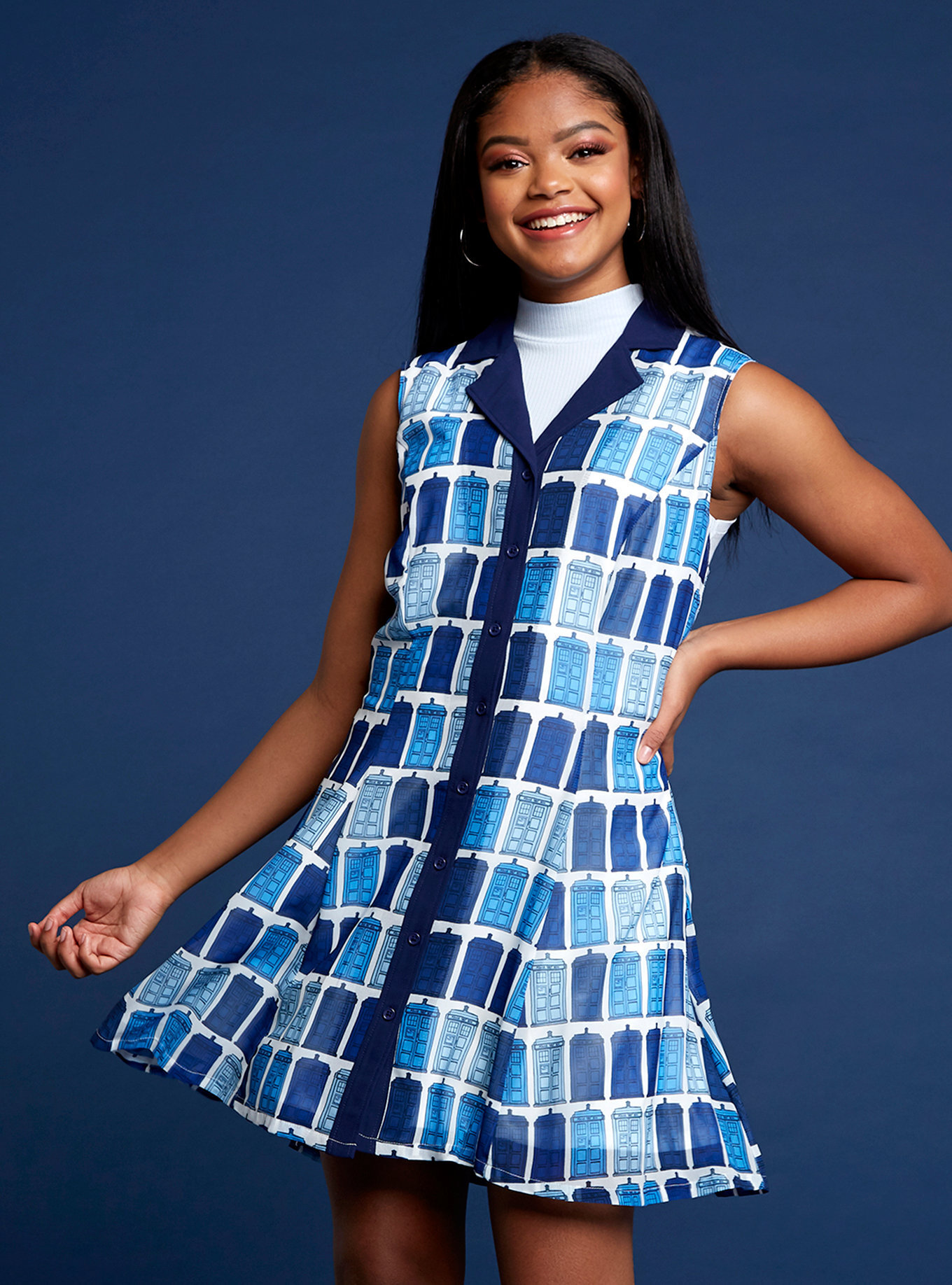 HER UNIVERSE DOCTOR WHO TARDIS BUTTON-FRONT RETRO DRESS