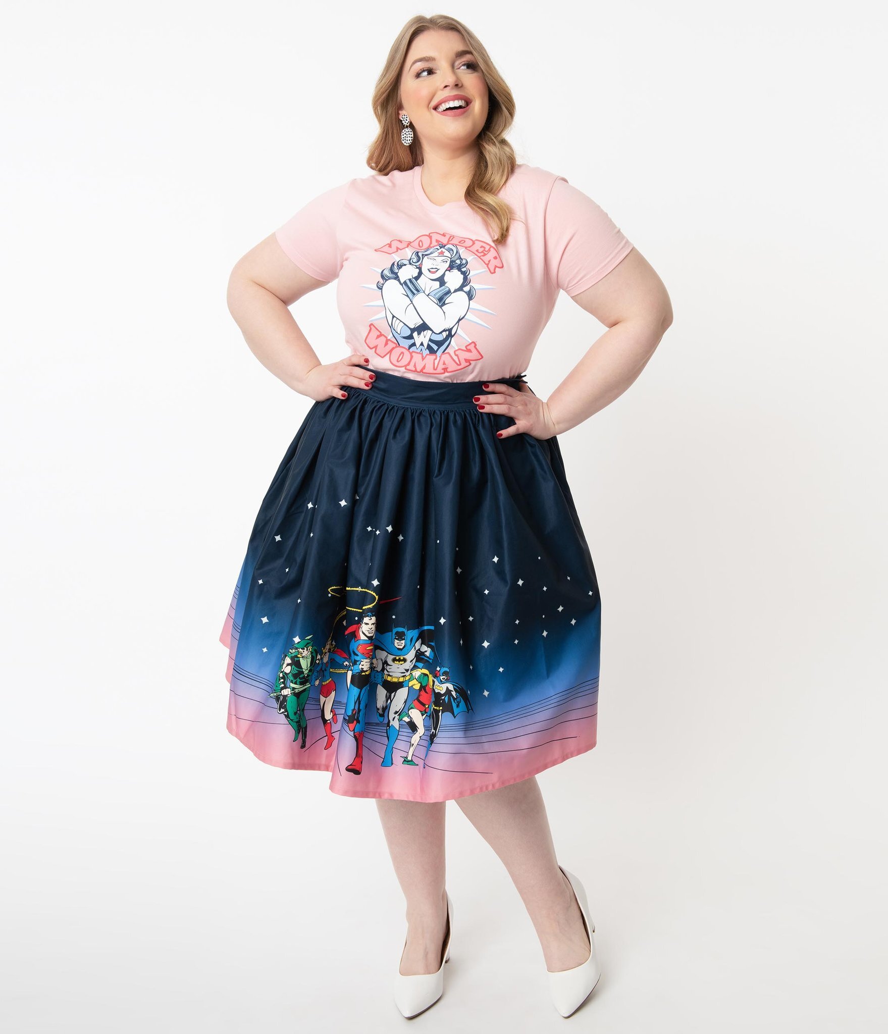 DC Comics x Unique Vintage Plus Size Justice League Gellar Swing Skirt