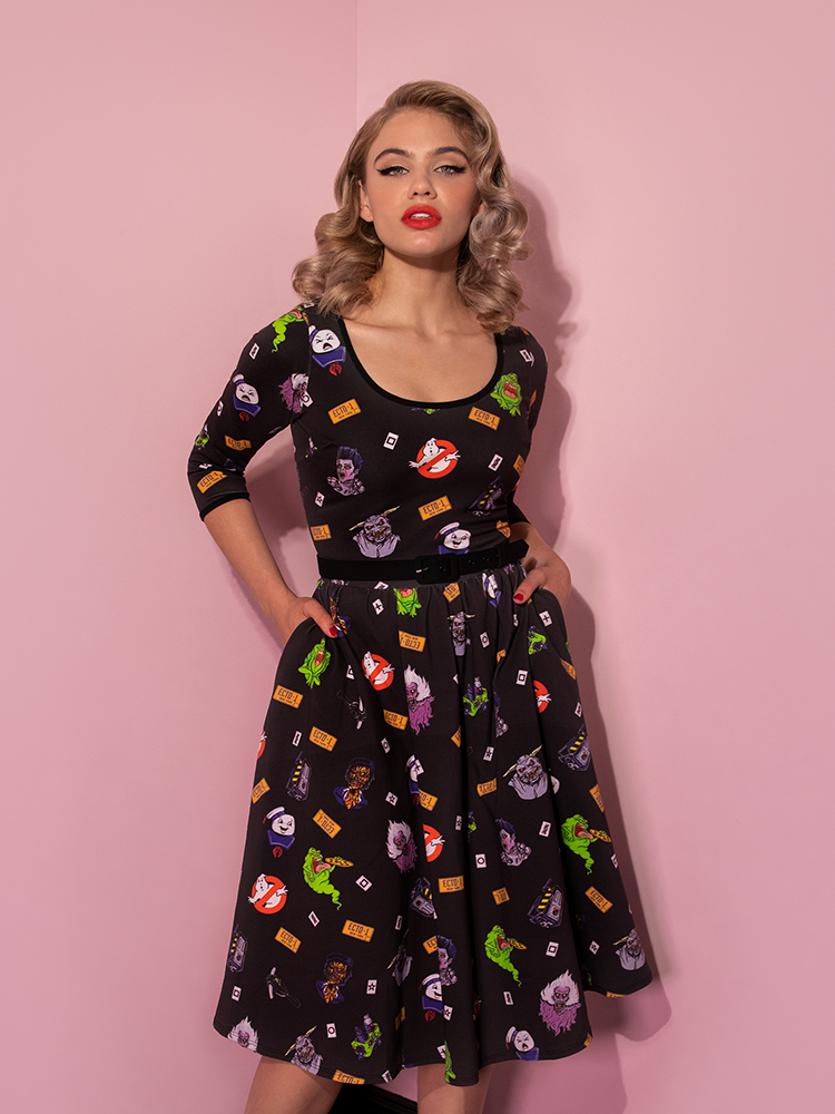 PRE ORDER - GHOSTBUSTERS™ TROUBLEMAKER DRESS IN 80'S NOVELTY PRINT