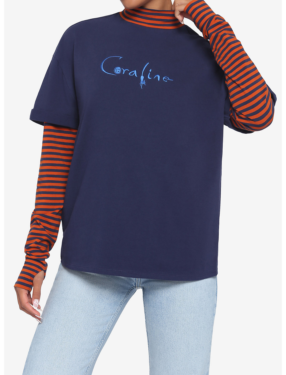 Coraline Stripe Mock Neck Twofer Long-Sleeve T-Shirt