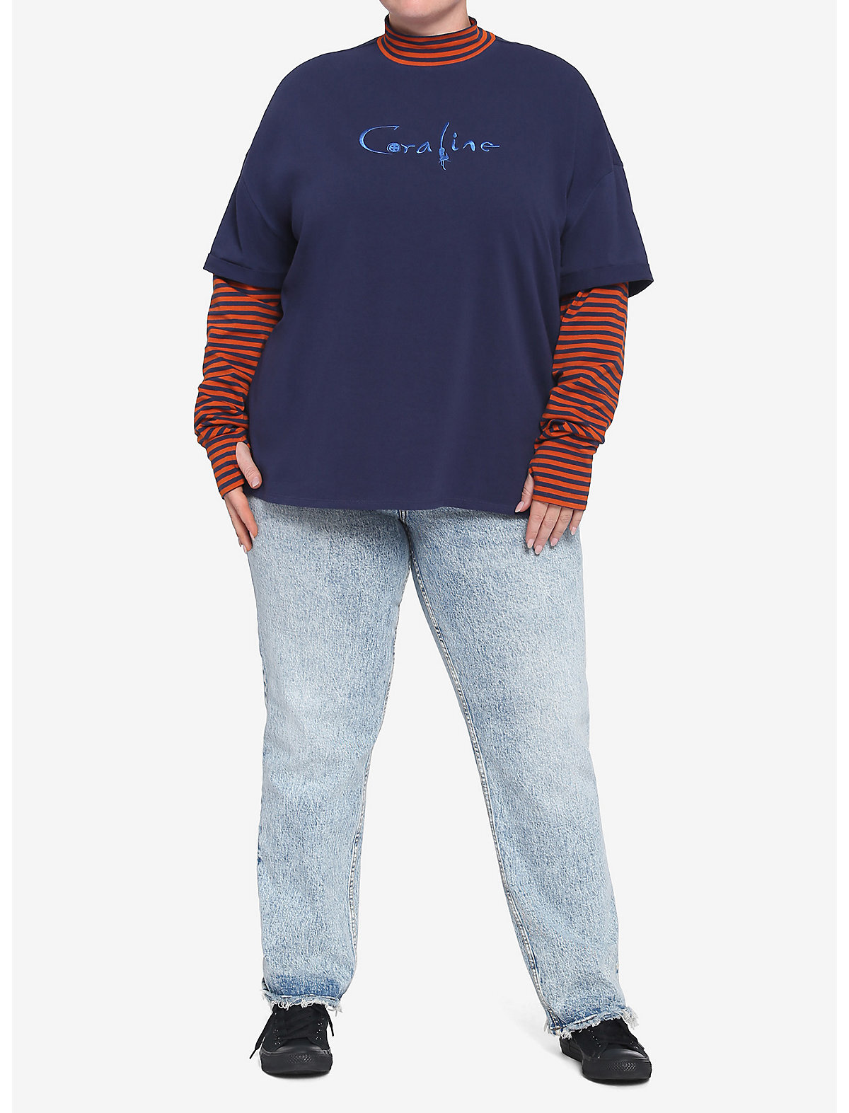 Coraline Stripe Mock Neck Twofer Long-Sleeve T-Shirt Plus Size