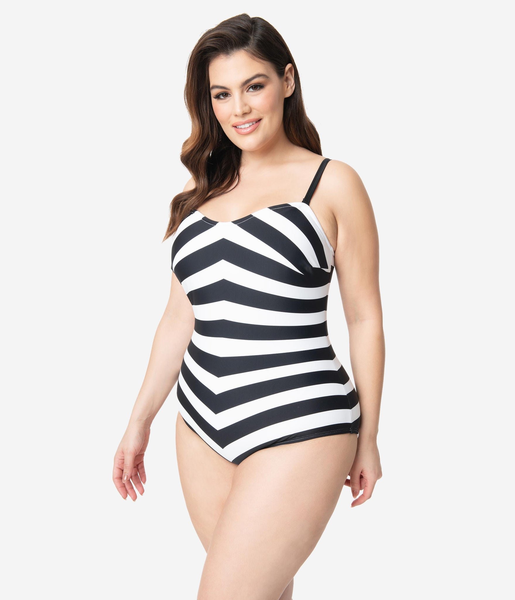 Barbie x Unique Vintage Plus Size Black &amp; White Chevron Stripe One Piece Bathing Suit