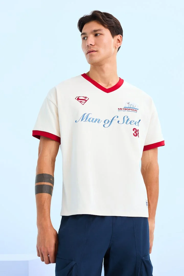 DC Comics Superman Man of Steel Embroidered Ringer V-Neck T-Shirt - BoxLunch Exclusive