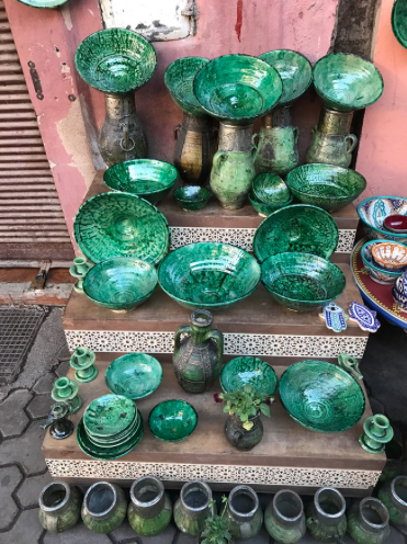 ”The bisque ware and palette of dusty pink and blues sometimes had sparks of bright green like these glazed glassy pieces found during a walk through the souk.”