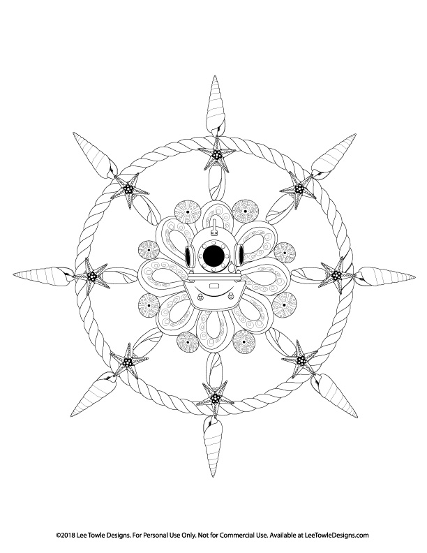 Captain's Wheel Illustrated with Octopus Wearing Scuba Helmet, Surrounded by Seashells and Sea Urchins Coloring Page For Adults. This free coloring page is available for instant download at LeeTowleDesigns.com. 