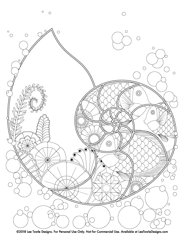 Fantasy Nautilus Under Water Scene Coloring Page For Adults. Free coloring page available for instant download at LeeTowleDesigns.com