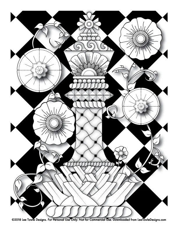Fantasy King Chess Piece with Flowers Coloring Page For Adults. This free coloring page is available for instant download at LeeTowleDesigns.com. 