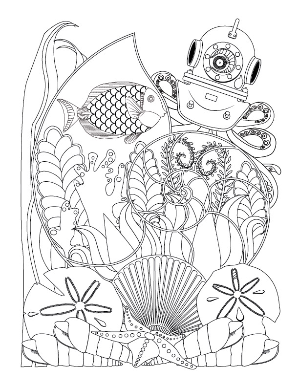 Fantasy Nautilus, Octopus and Assorted Seashells Coloring Page For Adults. This free coloring page is available for instant download at LeeTowleDesigns.com.