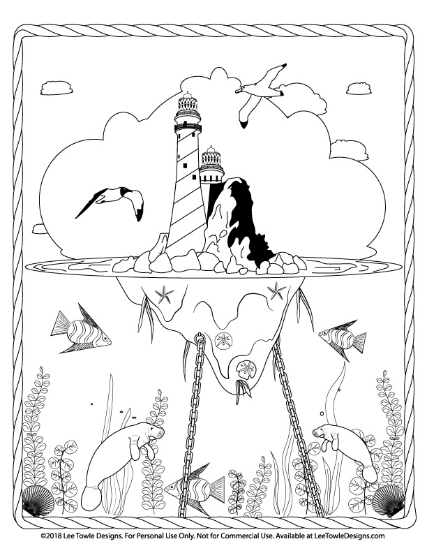 Fantasy Floating Lighthouse Island and Underwater Scene with Manatees, Sea Plants, and Fish Coloring Page For Adults. This free coloring page is available for instant download at LeeTowleDesigns.com. 