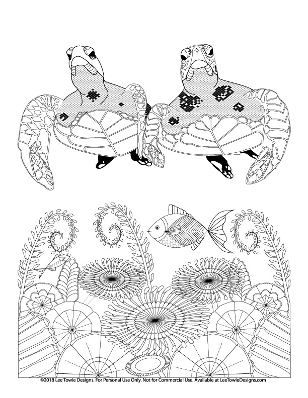 Sea Turtles swimming among ocean flowers and fish advanced Coloring Page For Adults. This free coloring page is available for instant download at LeeTowleDesigns.com.