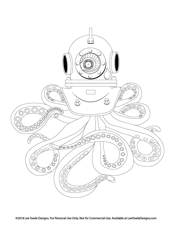 Antique Scuba Helmet Wearing Octopus Coloring Page. This free coloring page is available for instant download at LeeTowleDesigns.com. 