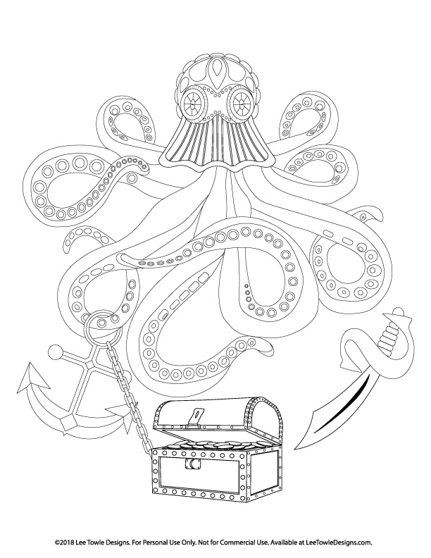Octopus with a variety of Treasure Coloring Page For Adults. This free coloring page is available for instant download at LeeTowleDesigns.com. 