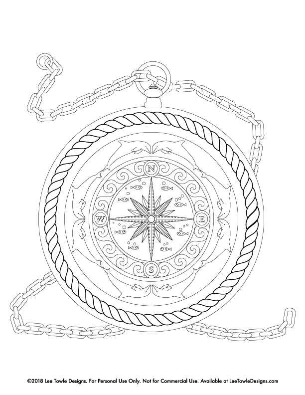 Fantasy Compass illustrated with dolphins, fish, star, and rope Coloring Page For Adults. This free coloring page is available for instant download at LeeTowleDesigns.com. 