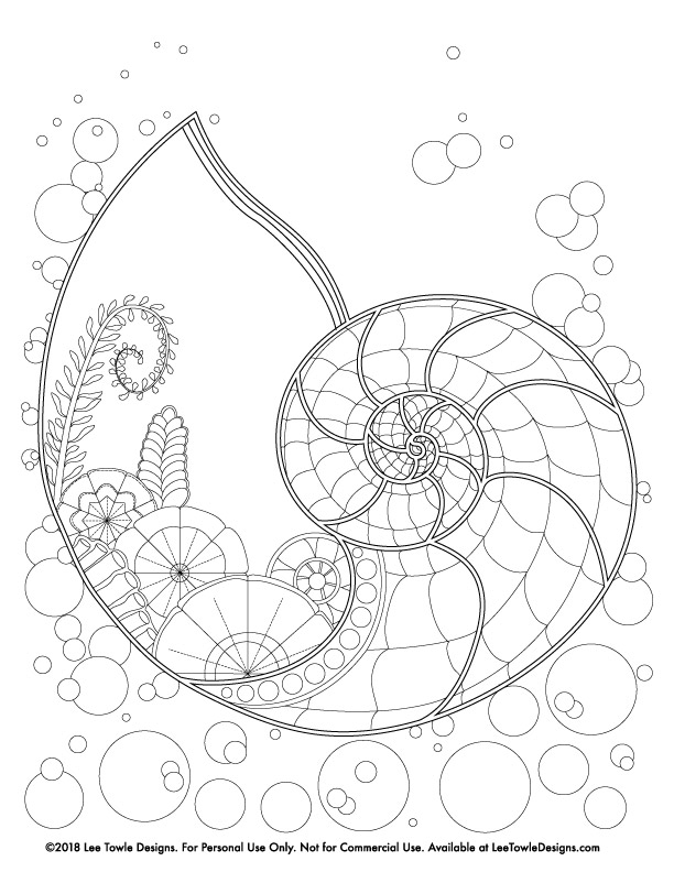 Fantasy style Nautilus Shell and Ocean Plants Coloring Page For Adults. This free coloring page is available for instant download at LeeTowleDesigns.com. 