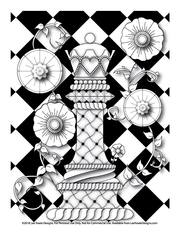 Fantasy Queen Chess Piece with Flowers Coloring Page For Adults. Free adult coloring page available at for instant download at LeeTowleDesigns.com. Print at your convenience. 