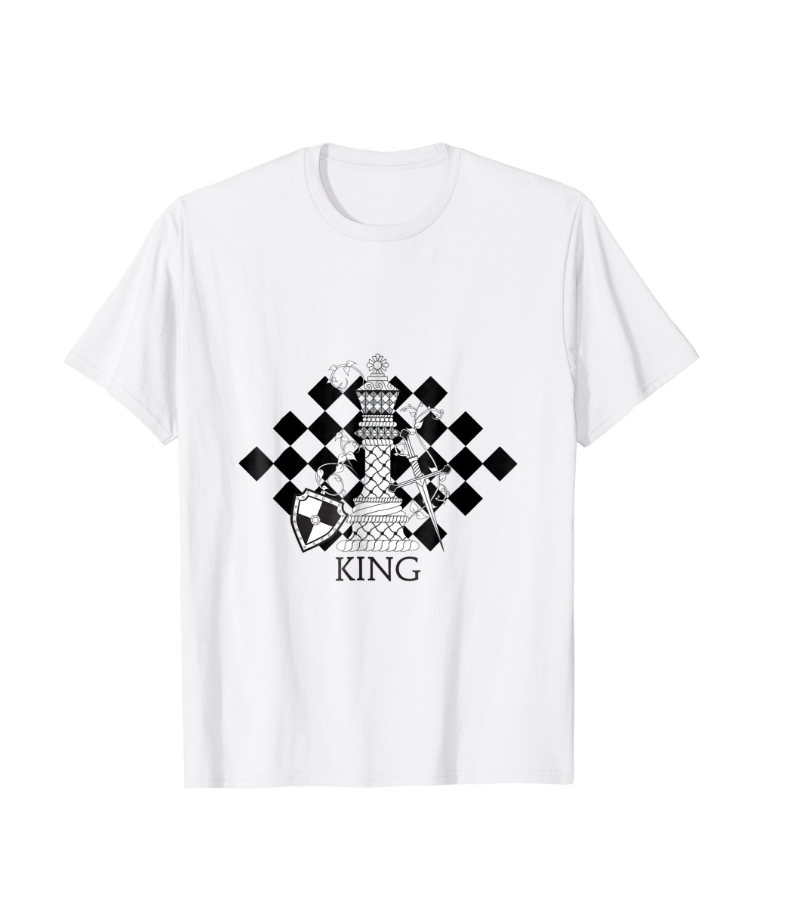 Fantasy Black and White King Chess Piece T-Shirt with shield, sword and Chess Board background, available on Amazon.