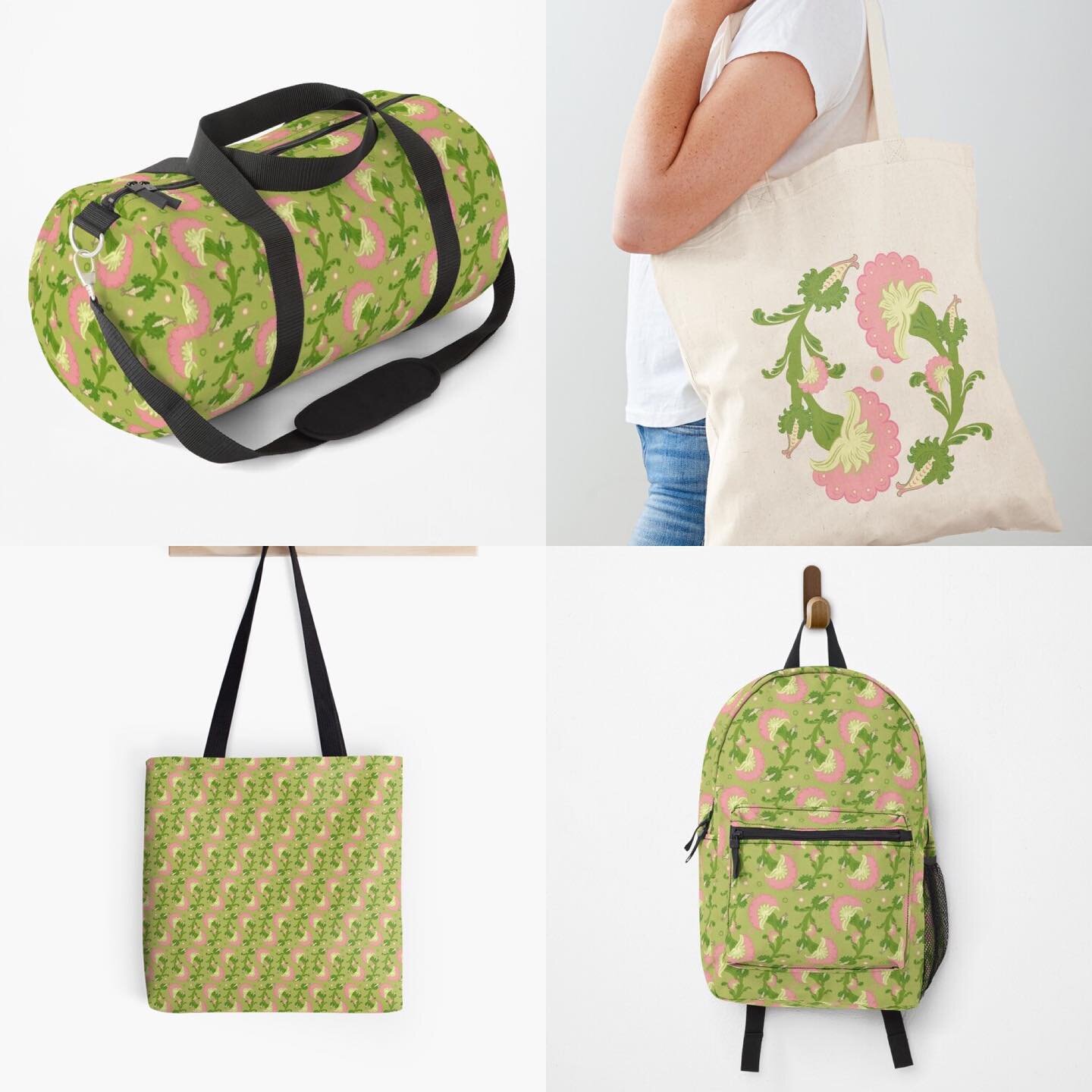 A fun, circular flower pattern design in pink, green, and yellow featured on a variety of bags, such a duffle bag, backpack, cotton tote bag, and tote bag. Available in my Redbubble shop. Link in my bio. #redbubble #redbubbleartist #redbubbleshop #to