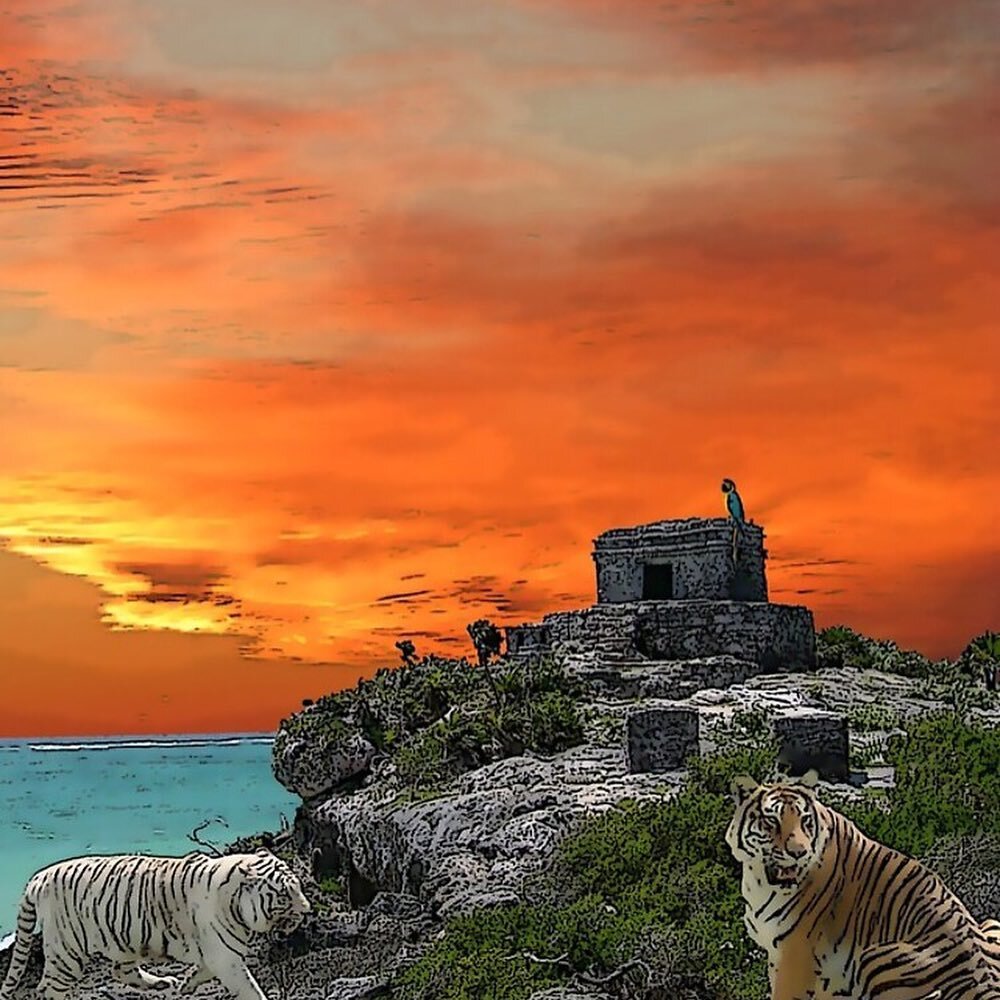 This was a fun digital art project. I took a variety of my own vacation photos and combined them into this artwork. This image features a vibrant red and Orange sunset behind Mayan ruins, with two tigers overlooking the Gulf of Mexico. Prints and oth