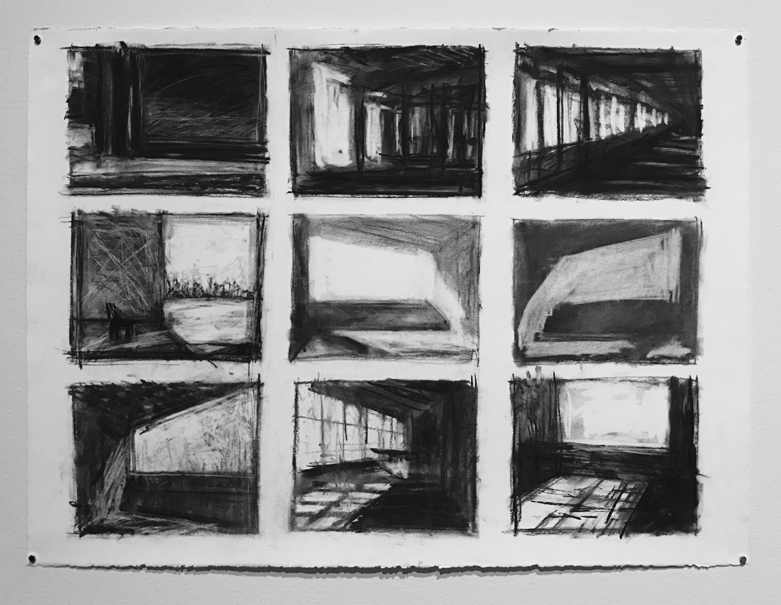  Storyboard #4 for  The Future is But the Obsolete in Reverse , charcoal on paper, 22 x 30 inches, 2016 