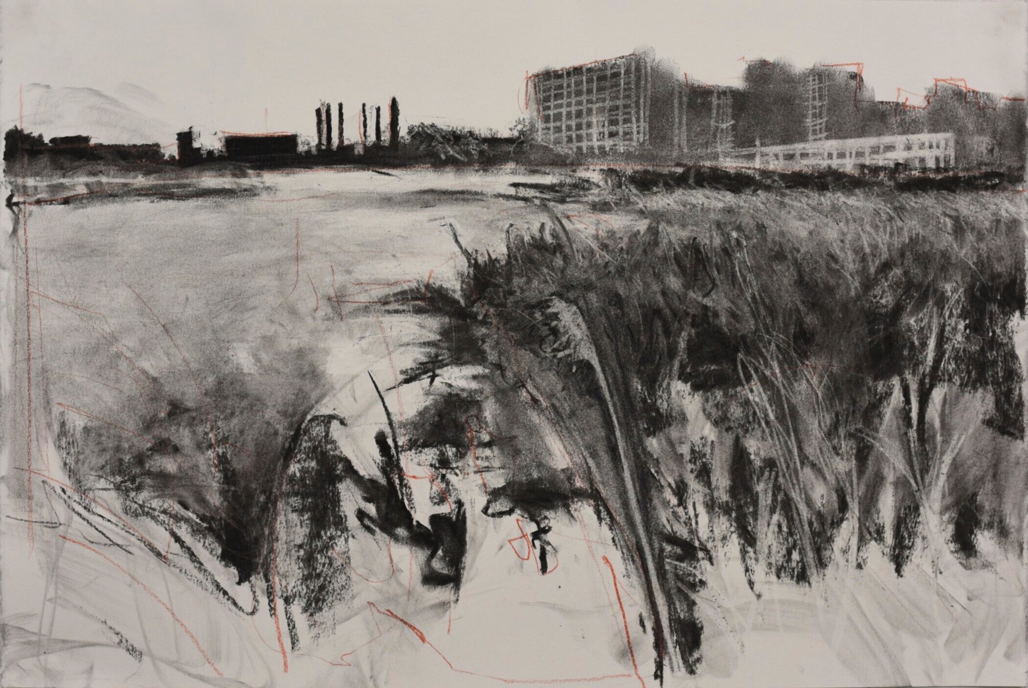  Marsh with Industry, charcoal on paper, 15 x 22 inches, 2019 