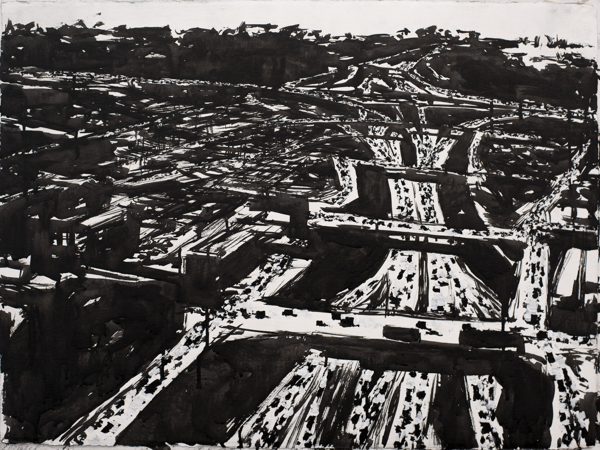  Aerial Highway Landscape, india ink on paper, 22 x 30 inches, 2020 