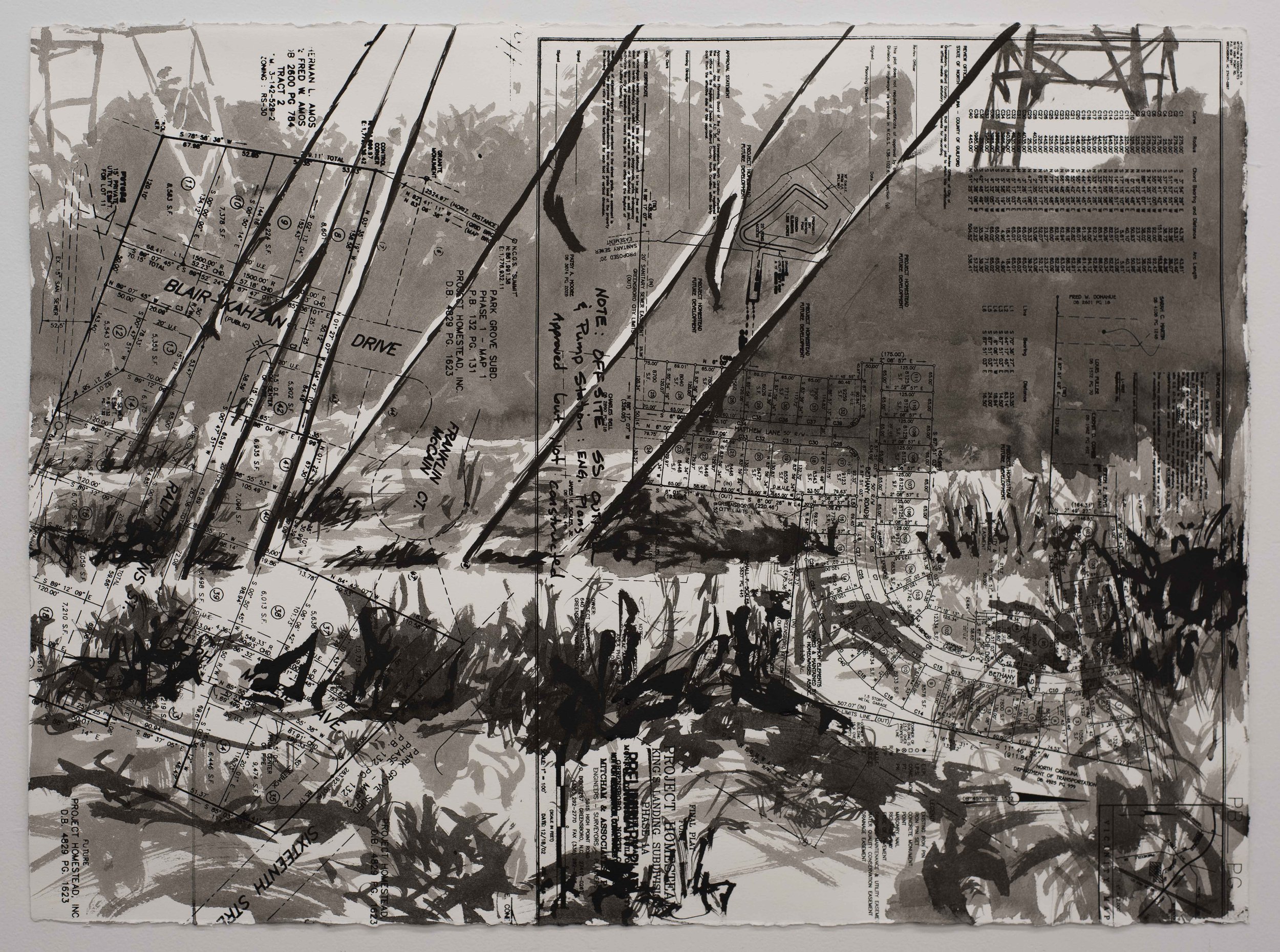  Sight/Site #3, sumi ink and screen print on paper, 22 x 30 inches, 2021 