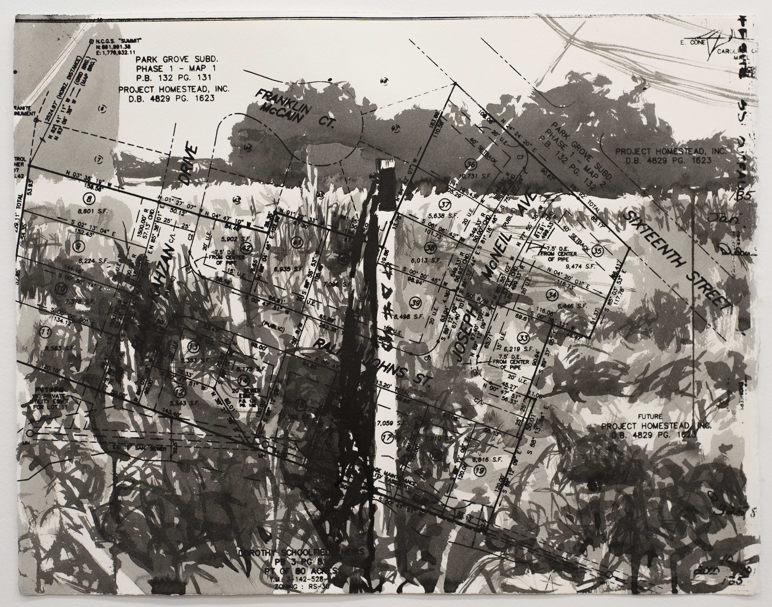  Sight/Site #4, sumi ink and screen print on paper, 15 x 22 inches, 2021 