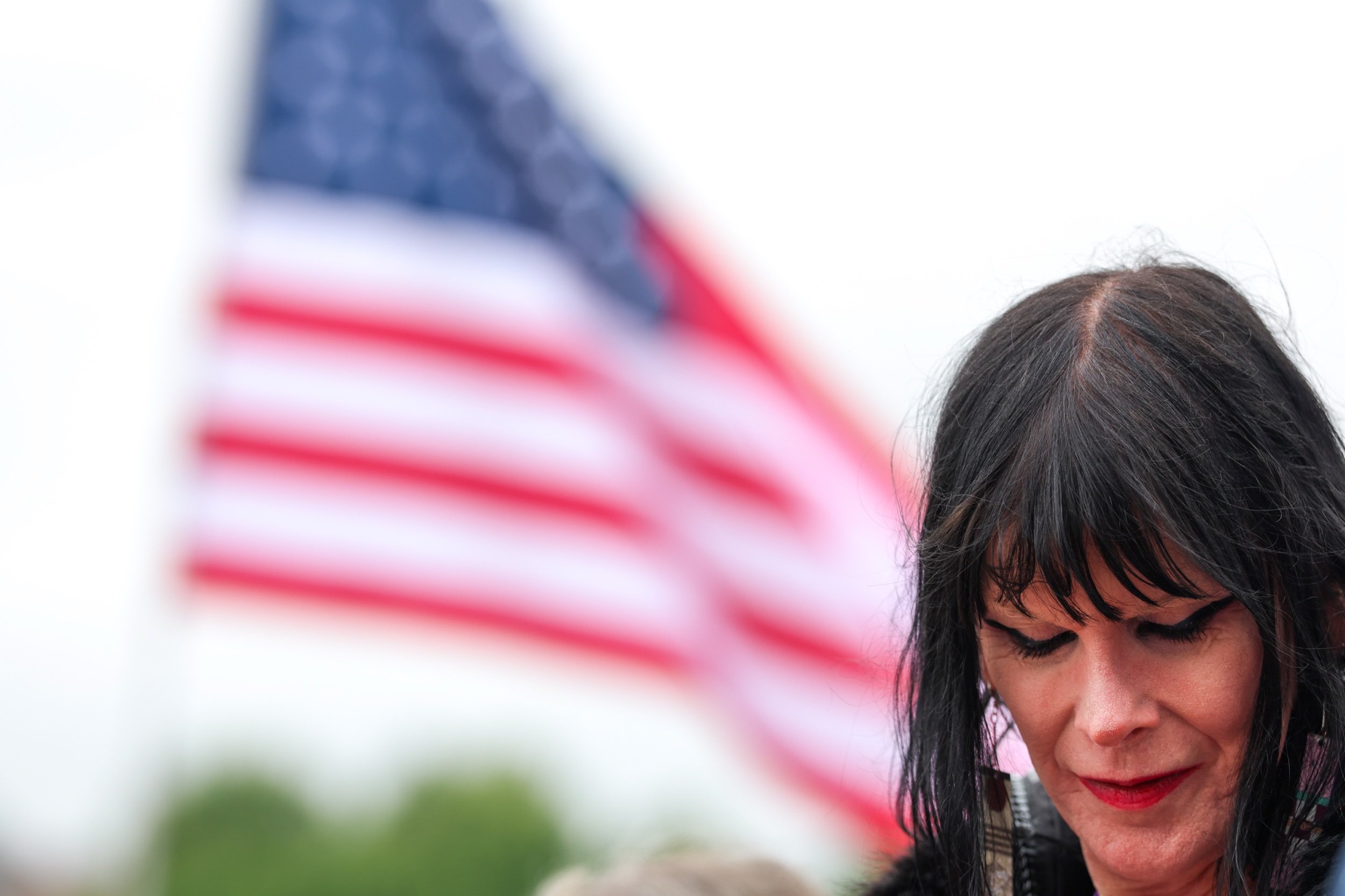 June 14th, 2025: Musician Venus DeMars looks on during a “No Kings” protest held at the Minnesota State Capitol in St. Paul, MN on June 14th, 2025.