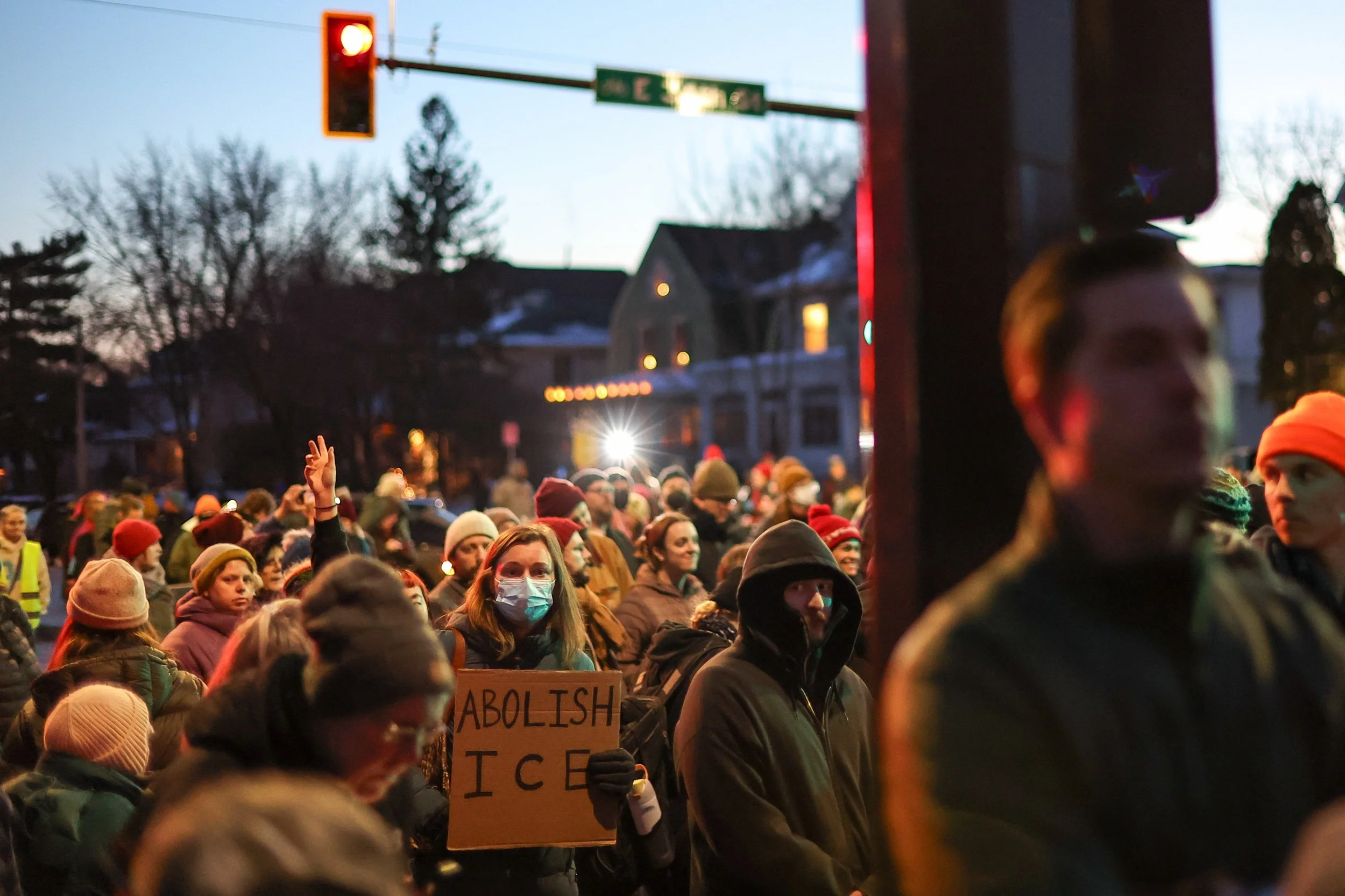  People gather for a vigil and protest for Renee Nicole Good near the intersection of East 34th Street and Portland Avenue on January 07, 2026 in Minneapolis, Minnesota. 37 year old Renee Nicole Good was killed by an ICE officer during a confrontatio