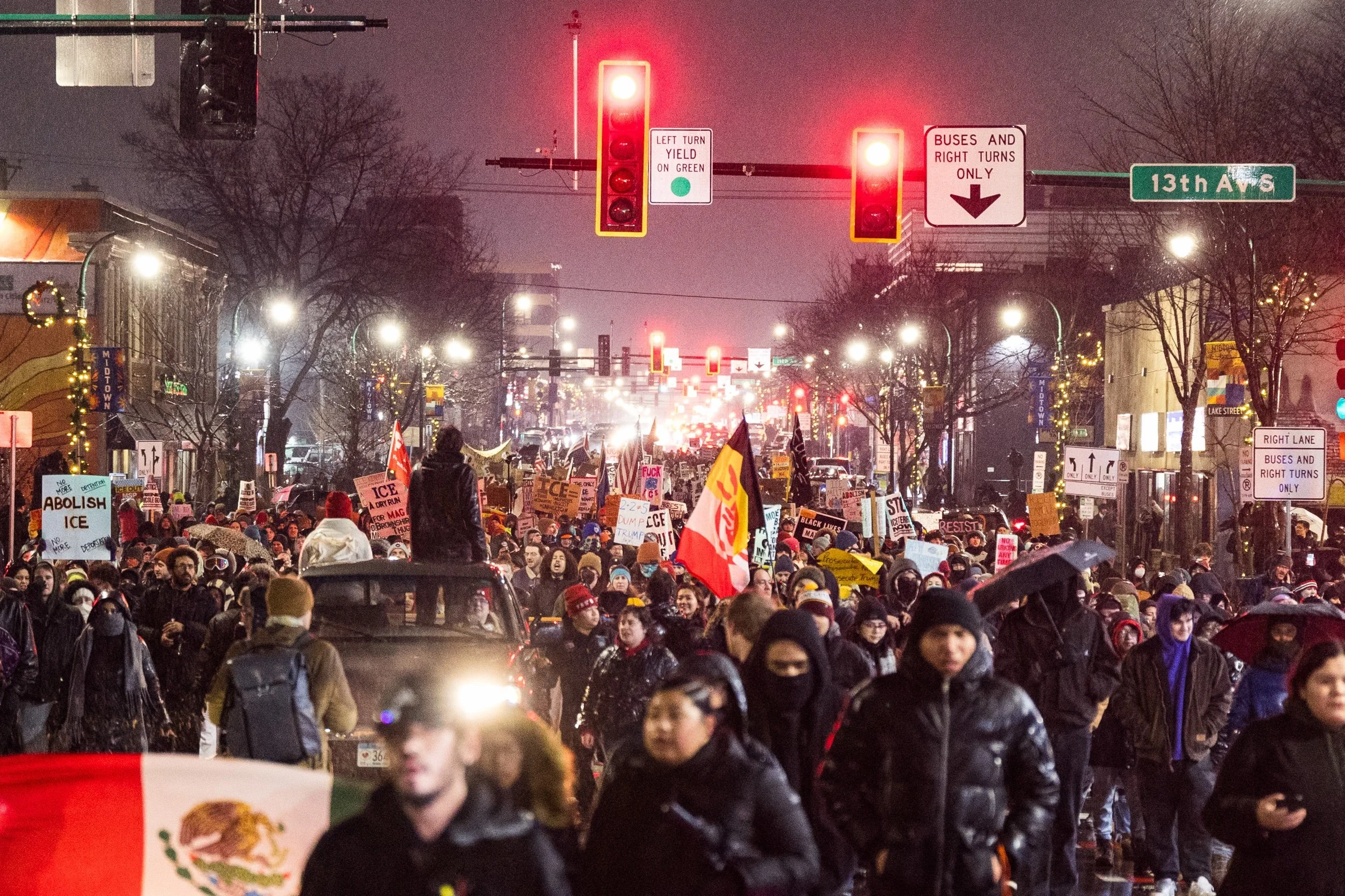  Protesters march on Lake Street for Renee Good in south Minneapolis on January 8th, 2026. 37 year old Renee Nicole Good was killed by an ICE officer during a confrontation the morning of January 7th during federal law enforcement operations happenin