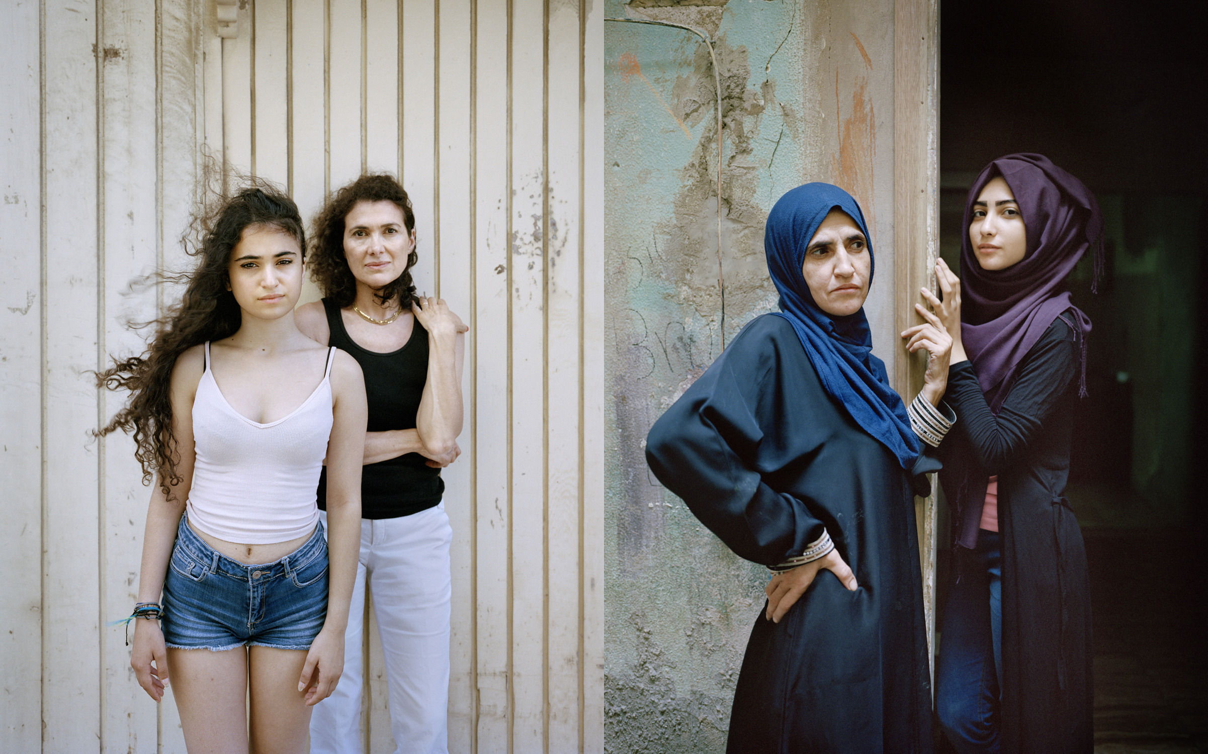 Rania Matar, (L) Jacqueline and Juliette, Beirut, Lebanon and (R) Wafa’a and Samira, Bourj El Barajneh Palestinian Refugee Camp, Beirut, Lebanon. From Unspoken Conversations, 2016. Archival pigment prints mounted on DiBond. 60.9 x 50cm. Image courtesy of the artist