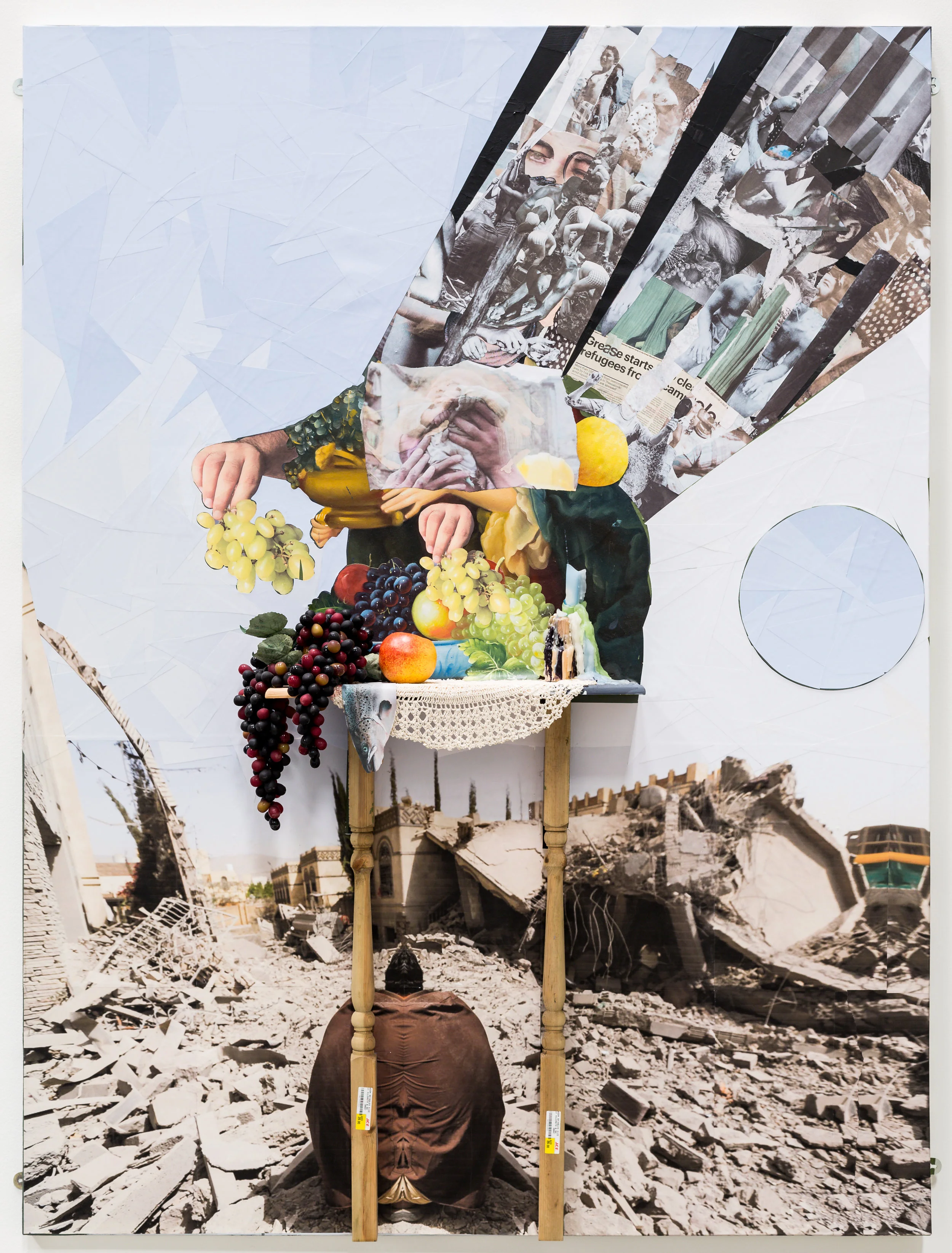 Ramin Haerizadeh. We Choose to Go to the Moon, 2009-17. Collage, acrylic wooden console table, crochet, fake fruits, oil painting and candle on canvas. 200 x 150 cm. Courtesy of the artist and Gallery Isabelle Van Den Eynde