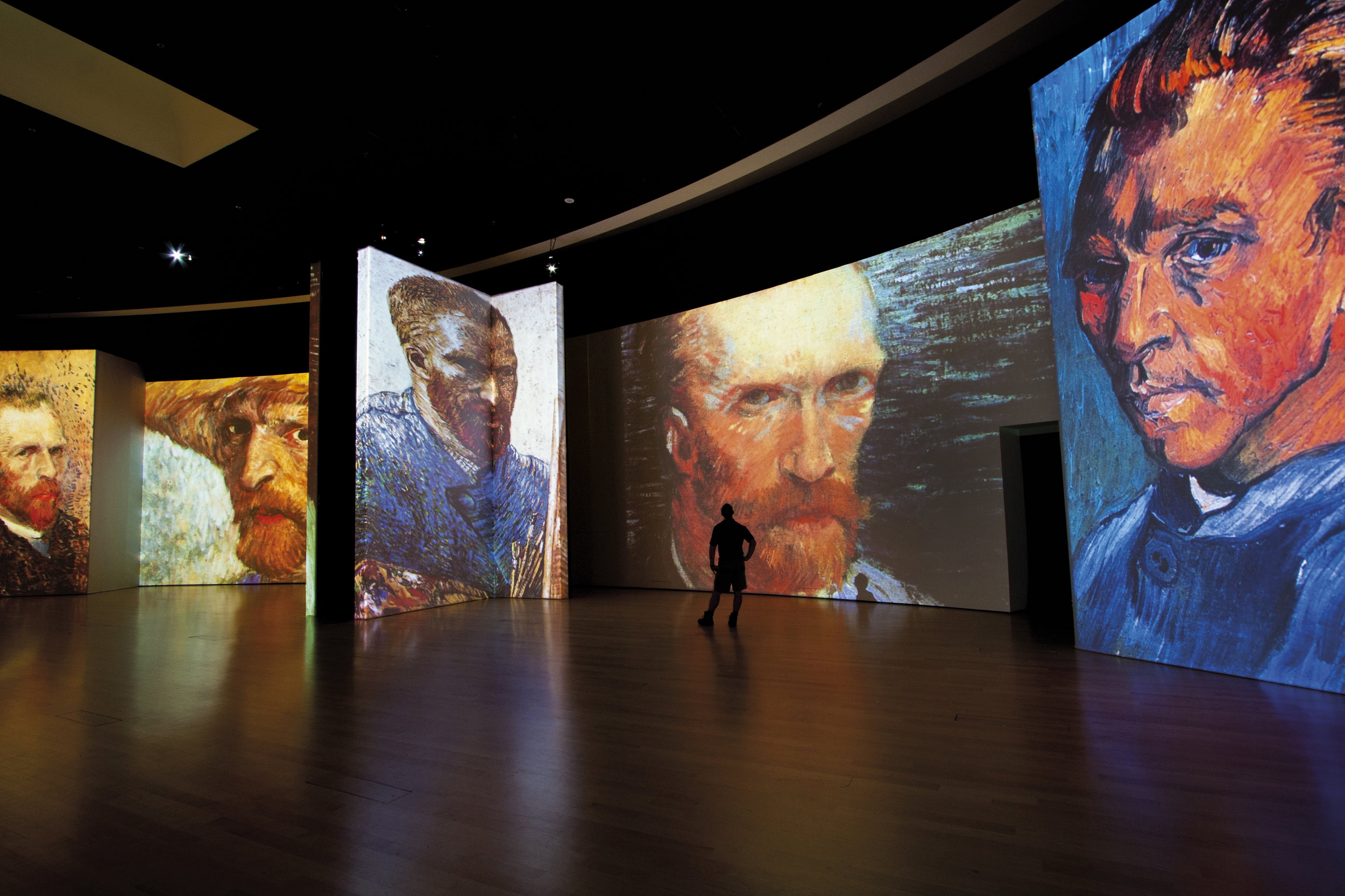  A collection of Van Gogh's many self portraits seen as larger than life in the multi-sensory exhibition of images and sound. 