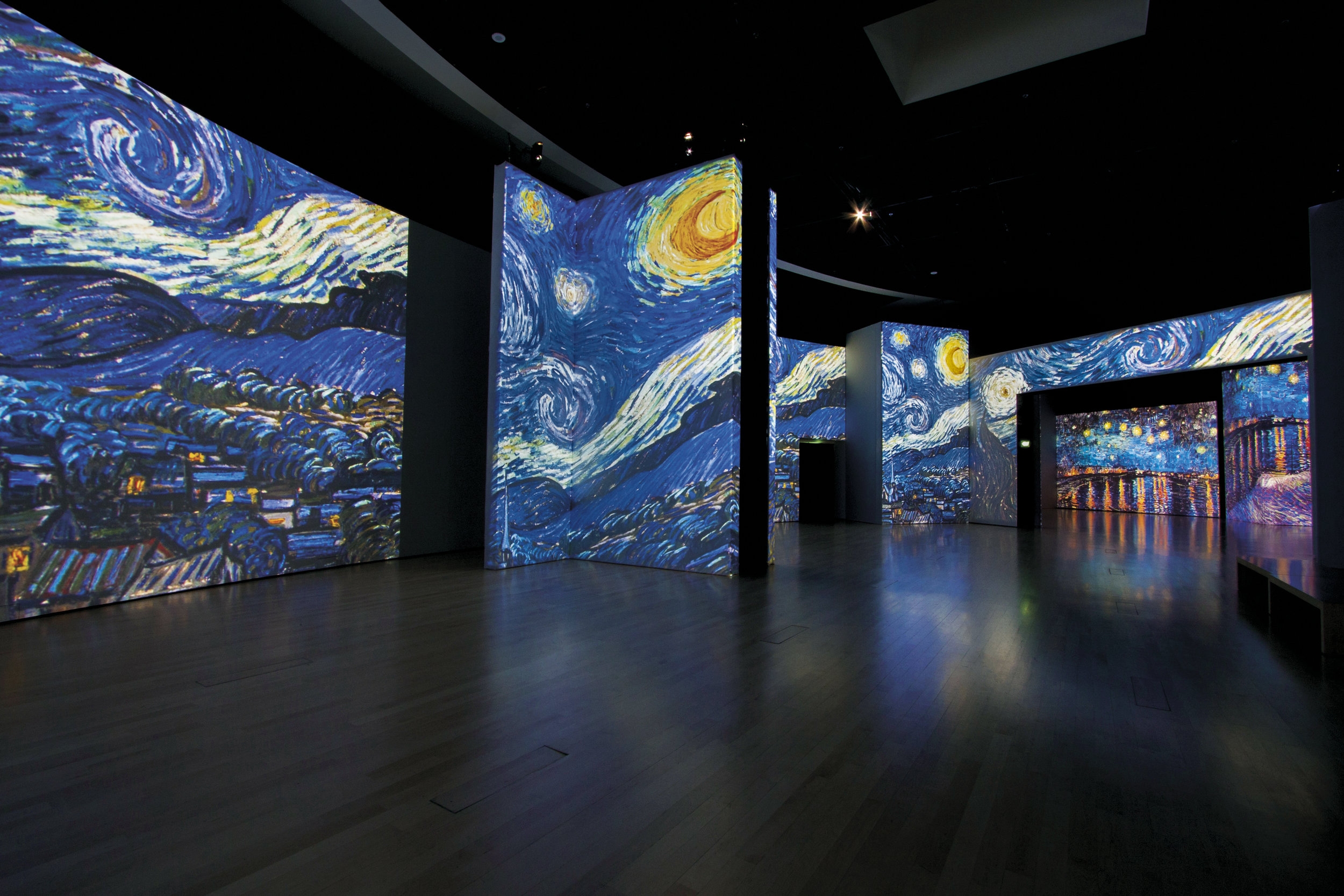  The Starry Night created in 1889 when the artist was a patient at an asylum at Saint-Remy-de-Provence is seen here cast on floor-to-ceiling screens by 40 high definition projectors.&nbsp; 