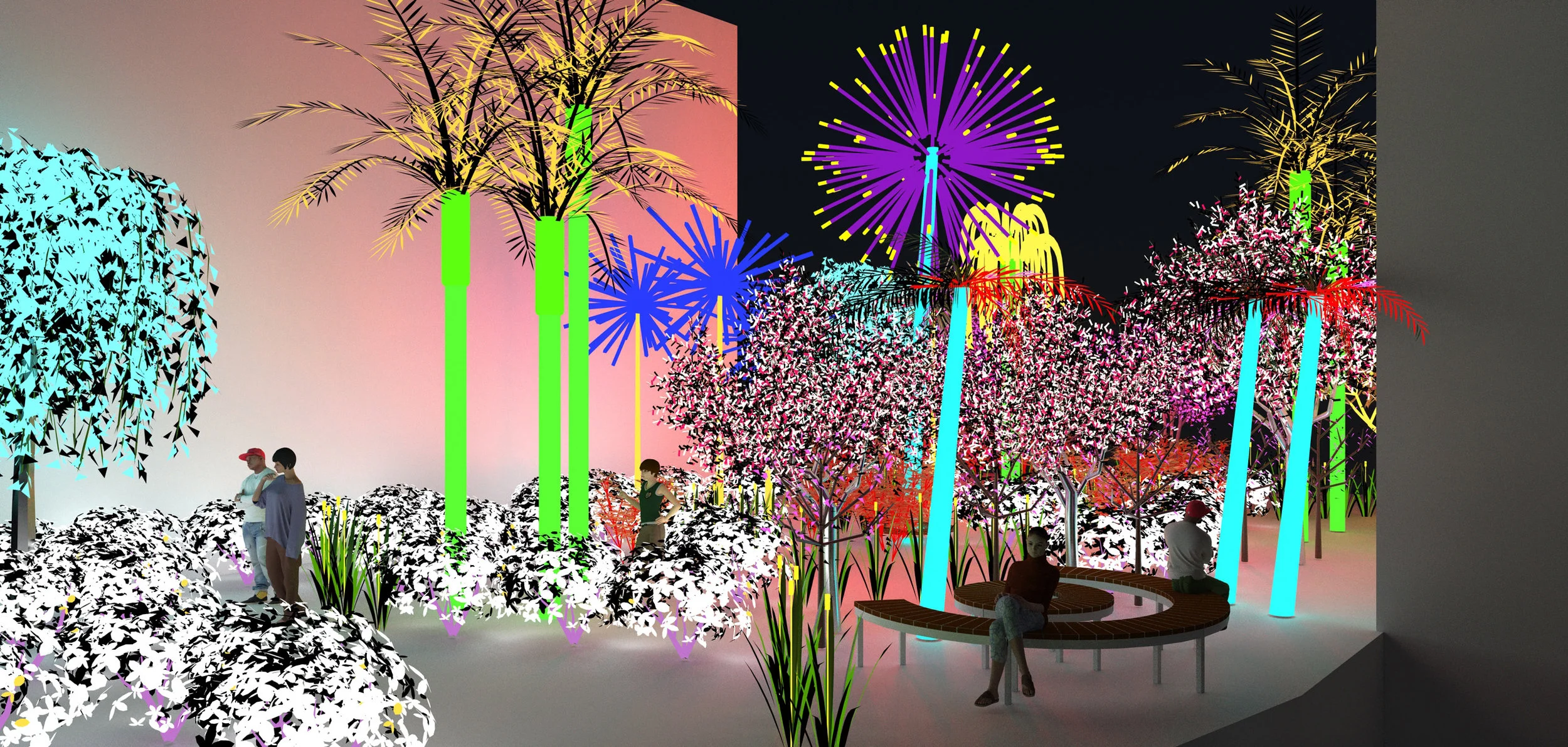Contrary Life: A Botanical Light Garden Devoted to Trees (view at night). Courtesy of the artists Alia Farid and Aseel AlYaqoub.