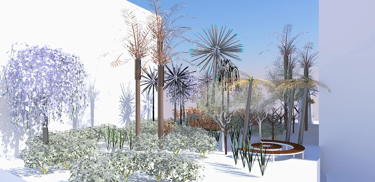 Contrary Life: A Botanical Light Garden Devoted to Trees (view in the daytime). Courtesy of the artists Alia Farid and Aseel AlYaqoub.