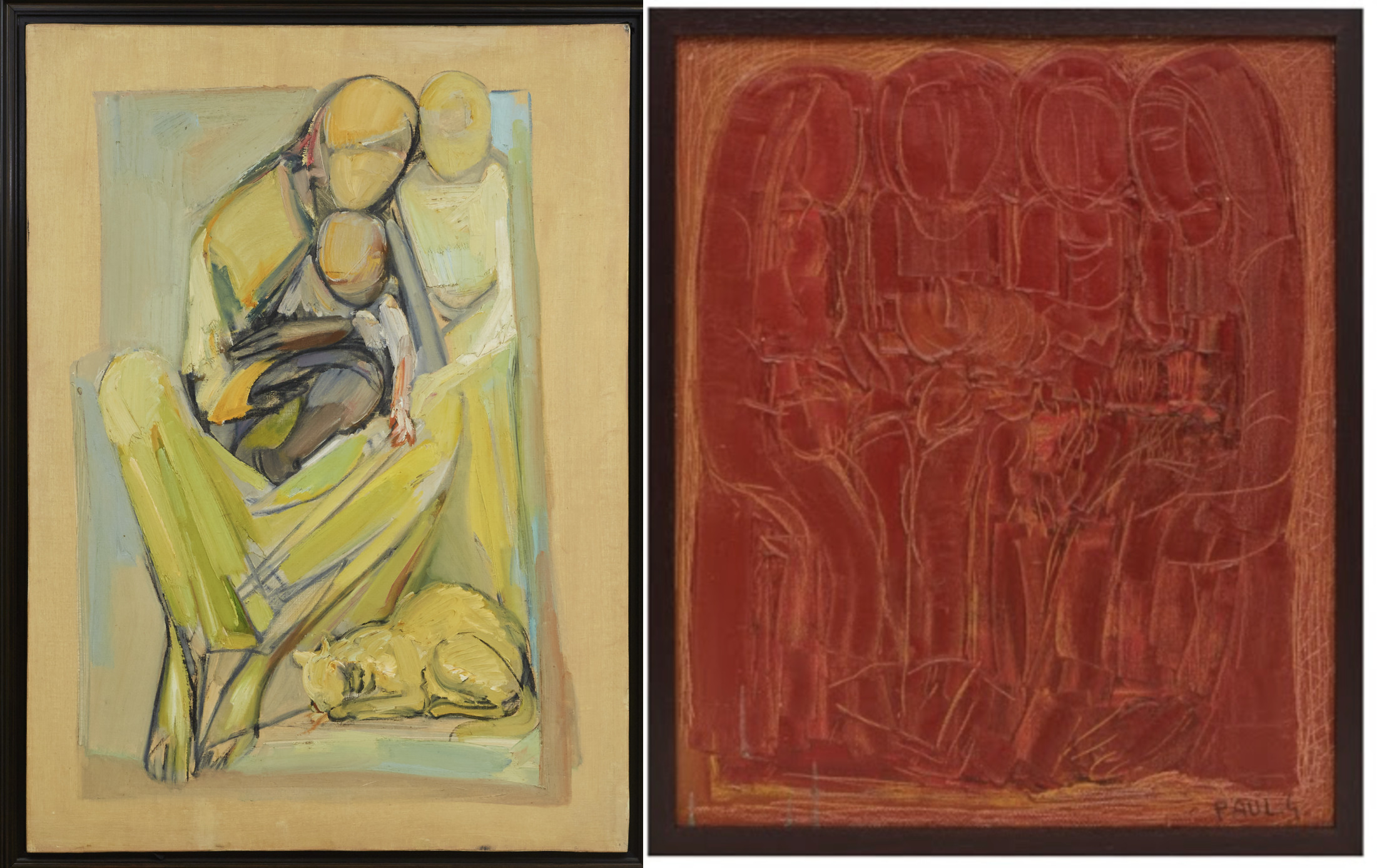 (L) L'Enfant (1978) by Paul Guiragossian from the collection of Dr. Anwar Gargash. (R) Group with Flowers (1963) from the Barjeel Art Foundation collection. Both images courtesy of Barjeel Art Foundation