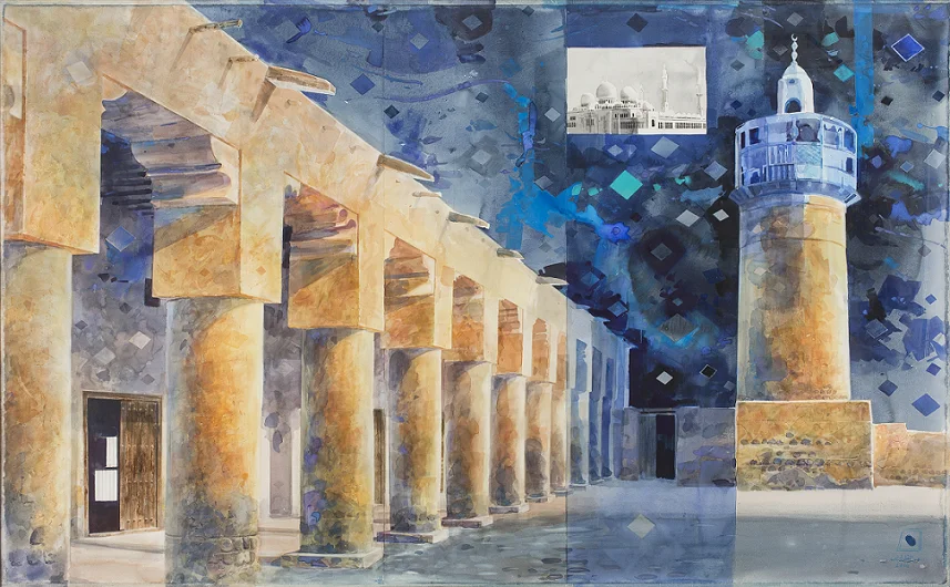 This painting of the Sheikh Zayed Grand Mosque in Abu Dhabi contains a smaller image of another smaller mosque. The title of the painting is a Quranic verse that translates to How The Grateful Are Blessed and shows the importance of faith. Courtesy: Dubai Culture